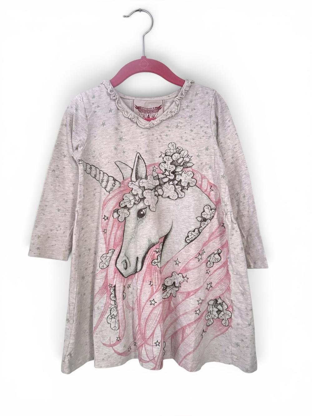 Paper Wings Organic Dress Unicorn Long Sleeve Pink Off-White Cotton Girls 4